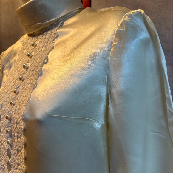 Hand Made Satin High Neck Blouse with Lace Trim and Pearl buttons - Picture 7 of 11